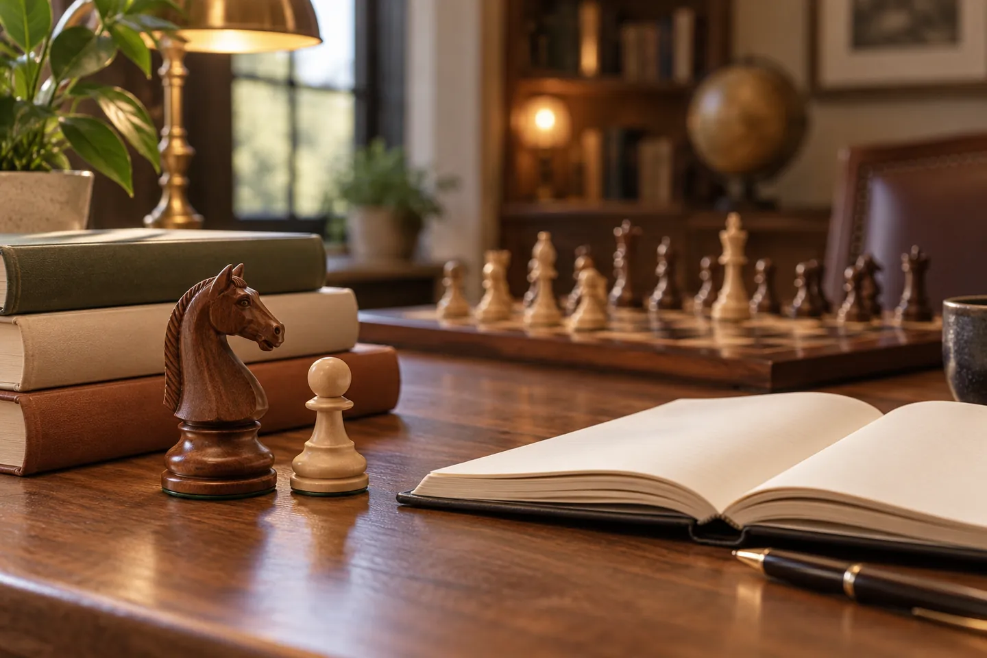 Livres, carnet et pièces d’échecs sur un bureau