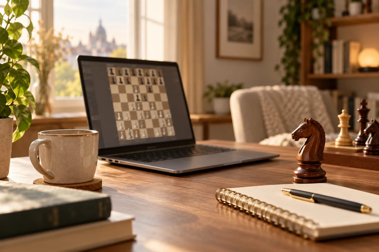 Ordinateur, carnet et cavalier pour une séance d’échecs en ligne